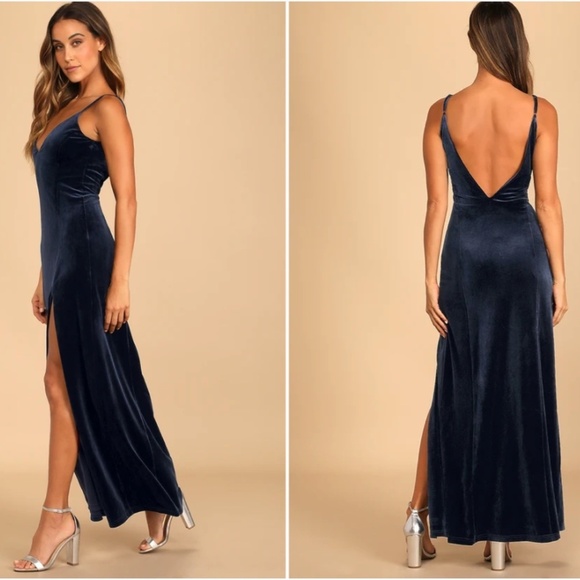 LULU's Prom Wedding Sexy Romantic Regal Elegant Blue Velvet Maxi Dress - Picture 4 of 6